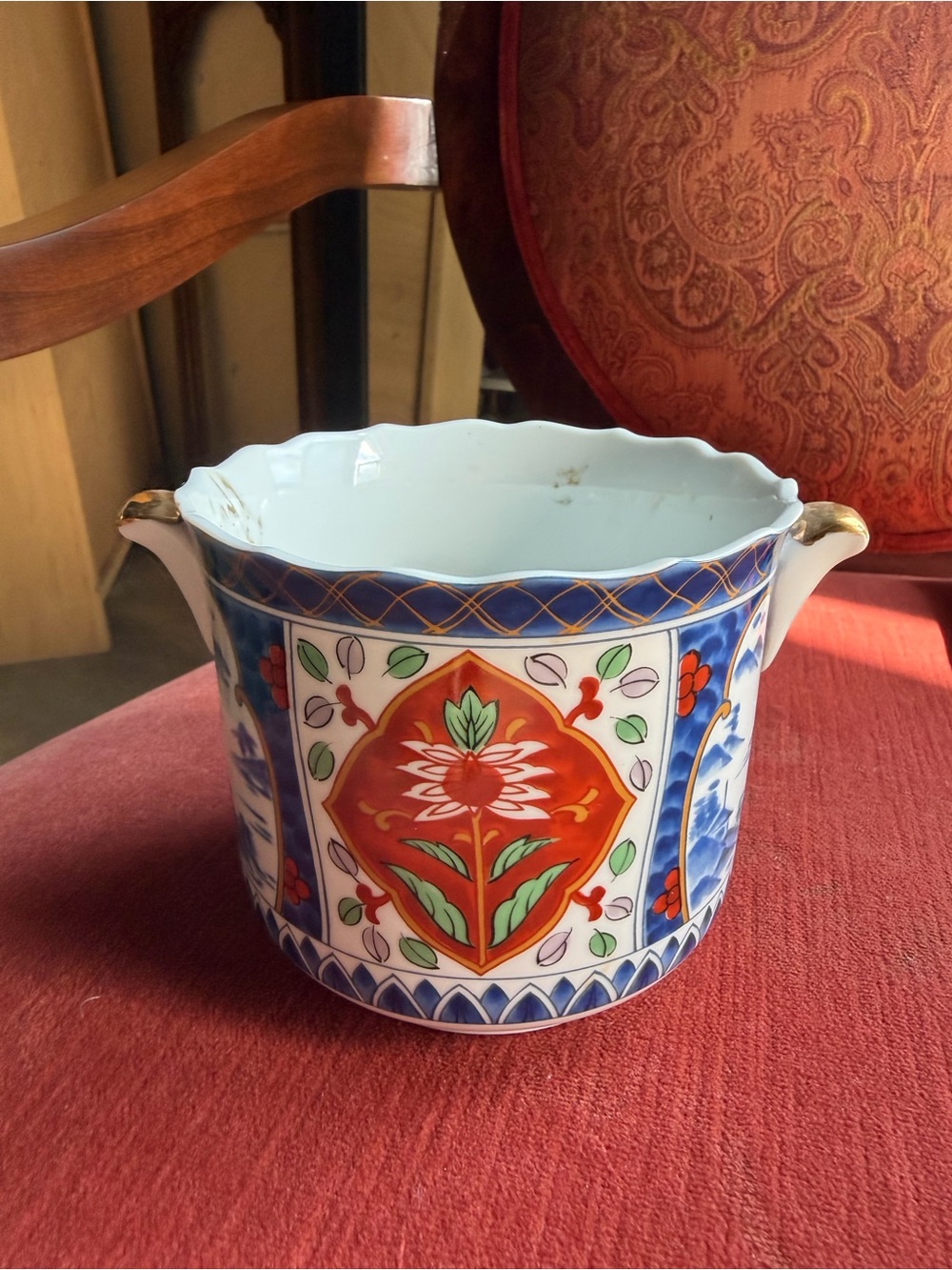 Decorative Floral Porcelain Cachepot in Red and Blue